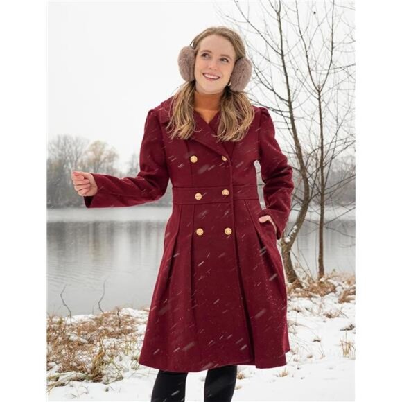 Women's Fashion Trench Coat Notch Lapel Double Breasted Burgundy - Picture 2 of 5